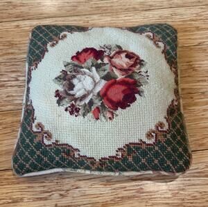 Vintage Wool Needlepoint Throw Pillow Roses 10x10” Gold Velvet Back